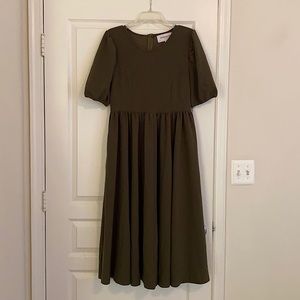 Jessakae Olive Midi Dress w/poof sleeves & pockets